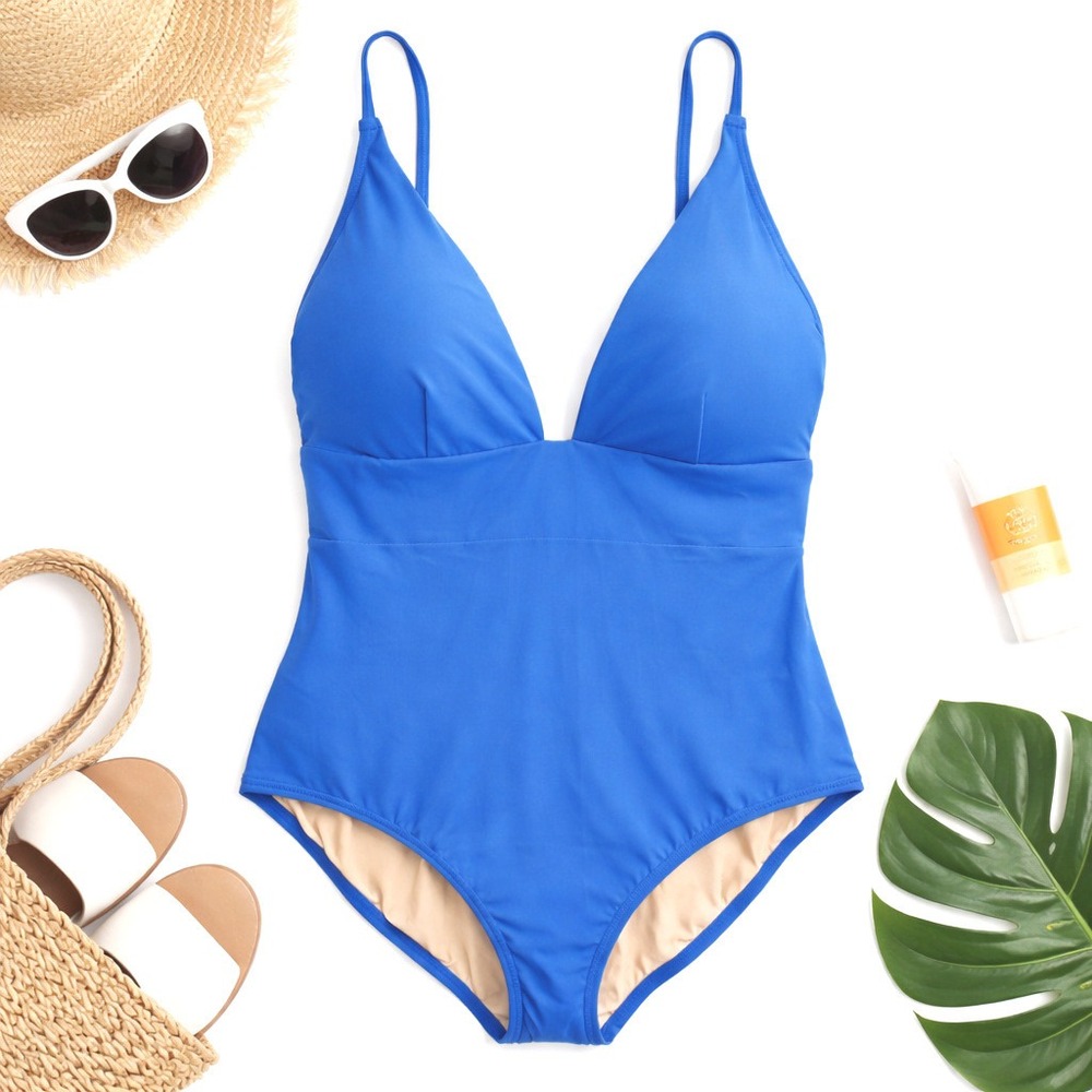 J Crew Plus Deep V Neck One Piece Swimsuit Seacoast Blue Size 24‎ NWT Plunge